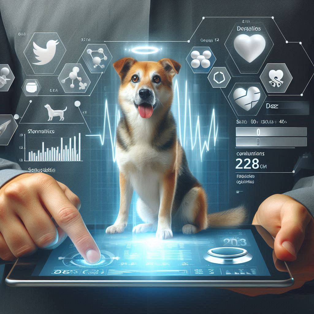 una imagen realista que combine estadística y la salud de los perros con una tablet